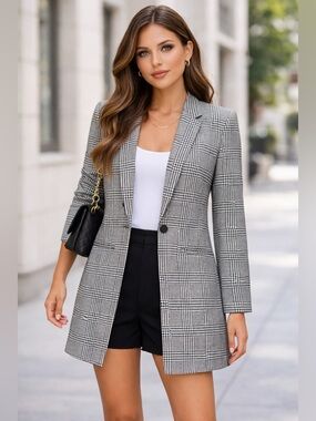 Calvin Klein Plaid Long Blazer Jacket one button black white 8 M